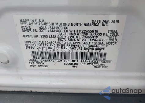 2015 Mitsubishi Outlander Sport Es из США, поврежденный, VIN 4A4AP3AU3FE024350